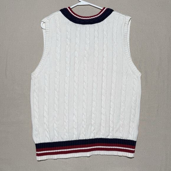Vintage Tommy Hilfiger Sweater Vest Sz L White Cable Knit V Neck Preppy Academia - Picture 2 of 9